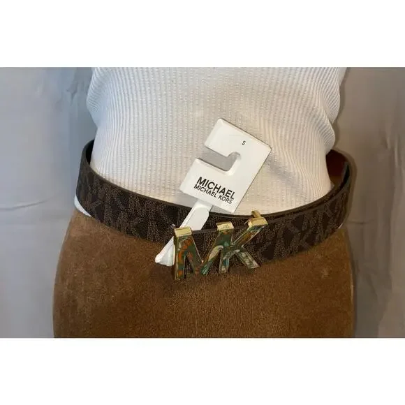 NWT Michael Kors Brown MK Logo Belt Gold Buckle Size Small - Picture 1 of 12